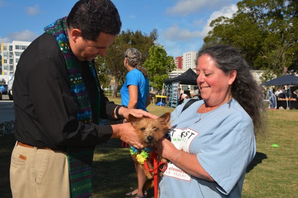 two people look at a dog
