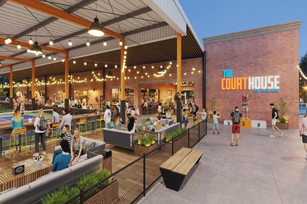 The Court House will have reserved seating decorated with string lights next to the courts. (Rendering courtesy of Immersive Spaces)