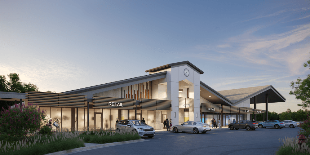 A rendering of a village center building