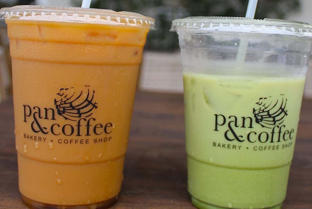 Pan and Coffee's drink menu features a concha latte and a matcha latte ($4.75-$6). (Edmond Ortiz/Community Impact)