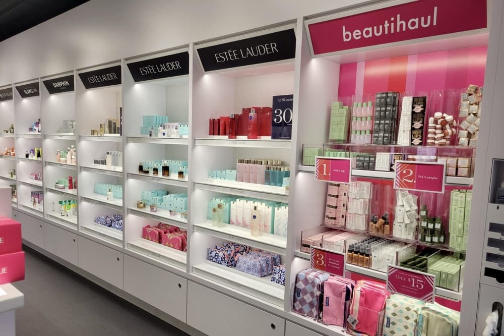white shelves with cosmetics