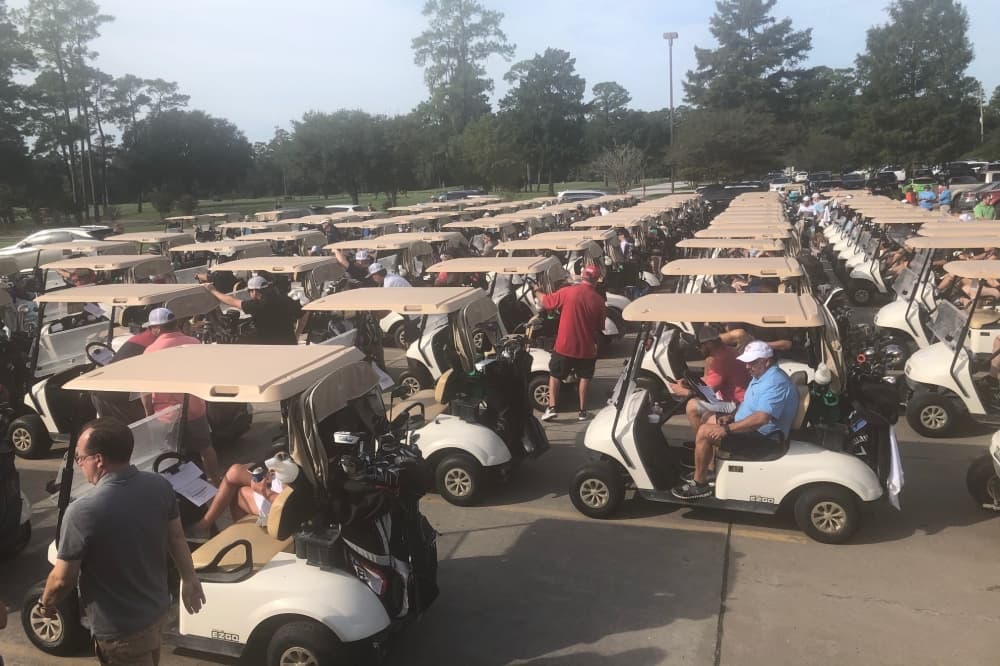 The photo shows rows of golf carts. 