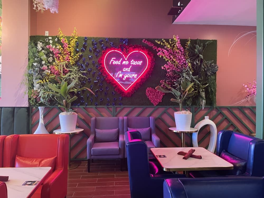 Seating area with neon sign