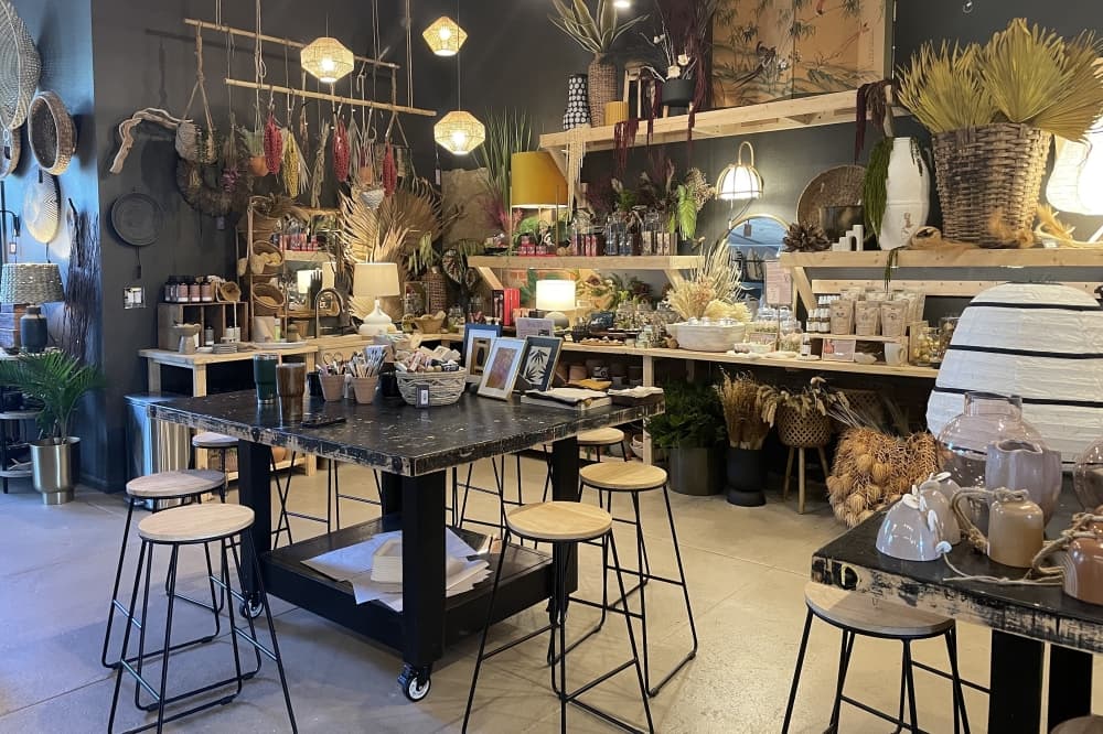 Workshop tables with block print botanical workstation