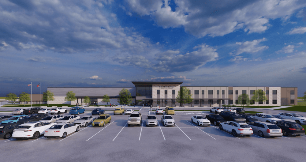 A rendering of Middle School No. 3 shows a parking lot with cars in front of the schools entrance and a blue sky with clouds in the background.