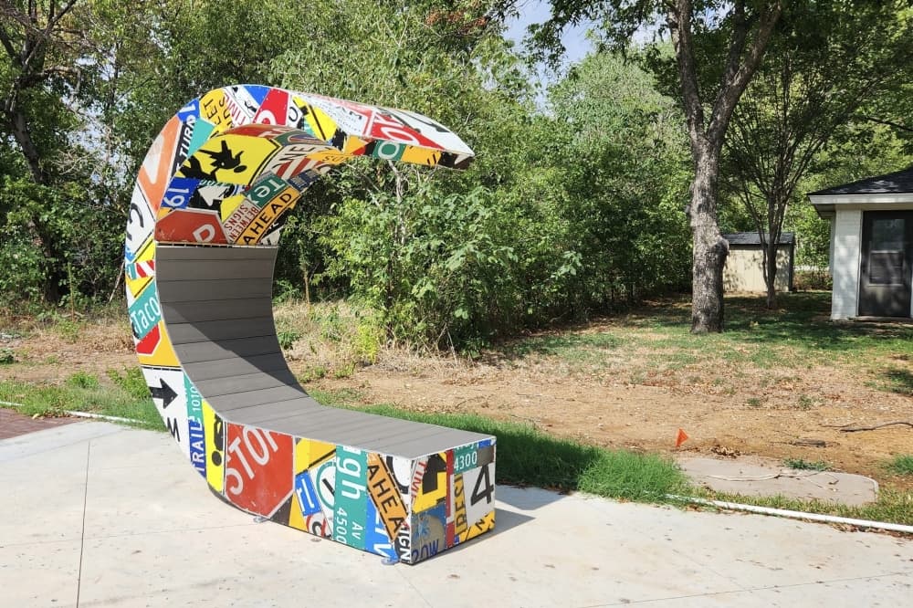 One of the benches which serves as functional art on Bates Street. 
