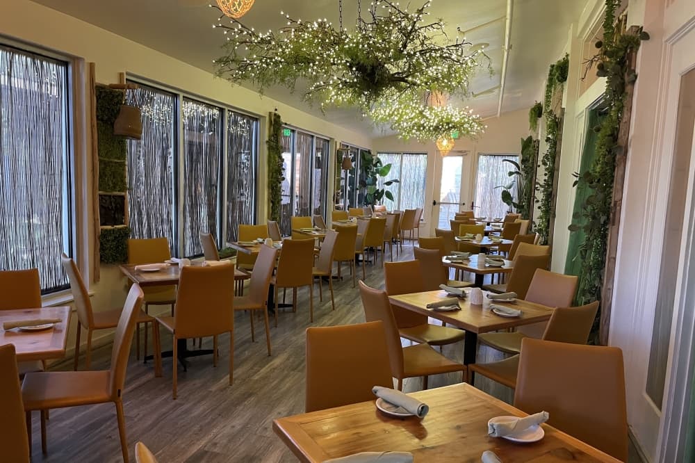 Dining room at Lost Colony decorated like a garden.