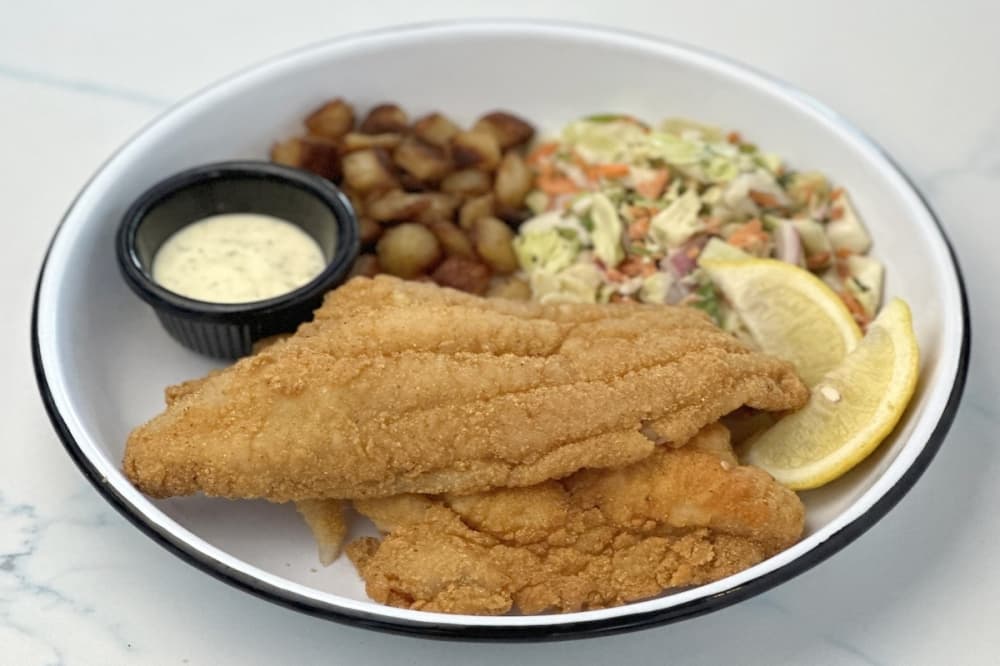 Catfish Platter with remoulade sauce, coleslaw and home friend potatoes