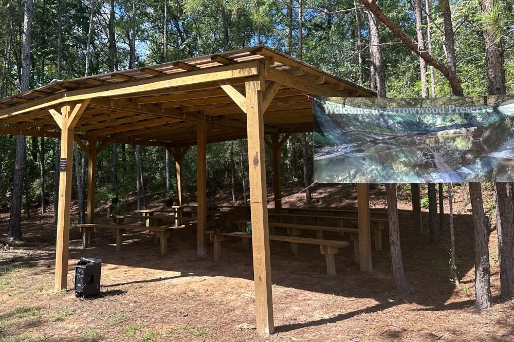 wooden benches under a covered structure outdoors