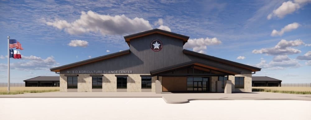 The rendering shows Montgomery ISD's agricultural science center.