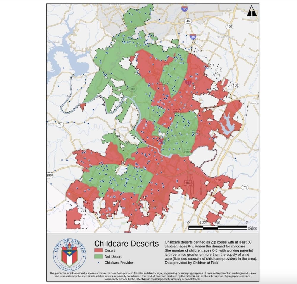 a map of child care deserts in Austin