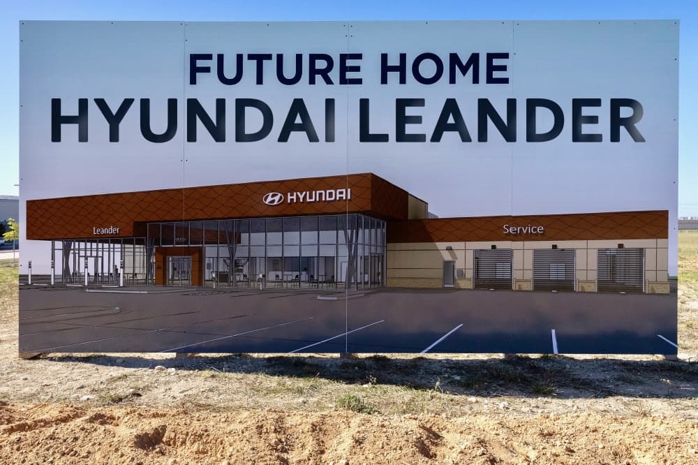 "Future Home Hyundai Leander" sign with building rendering