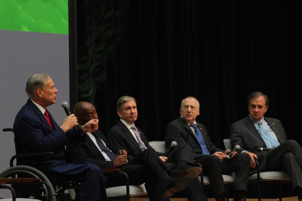 Gov. Greg Abbott, Houston Mayor Sylvester Turner, Peter WT Pisters with the University of Texas MD Anderson Cancer Center, Giuseppe N. Colasurdo with UTHealth Houston and John Sharp, chancellor at Texas A&M University. 