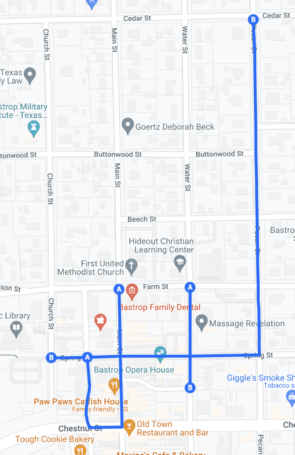 A map of downtown Bastrop.