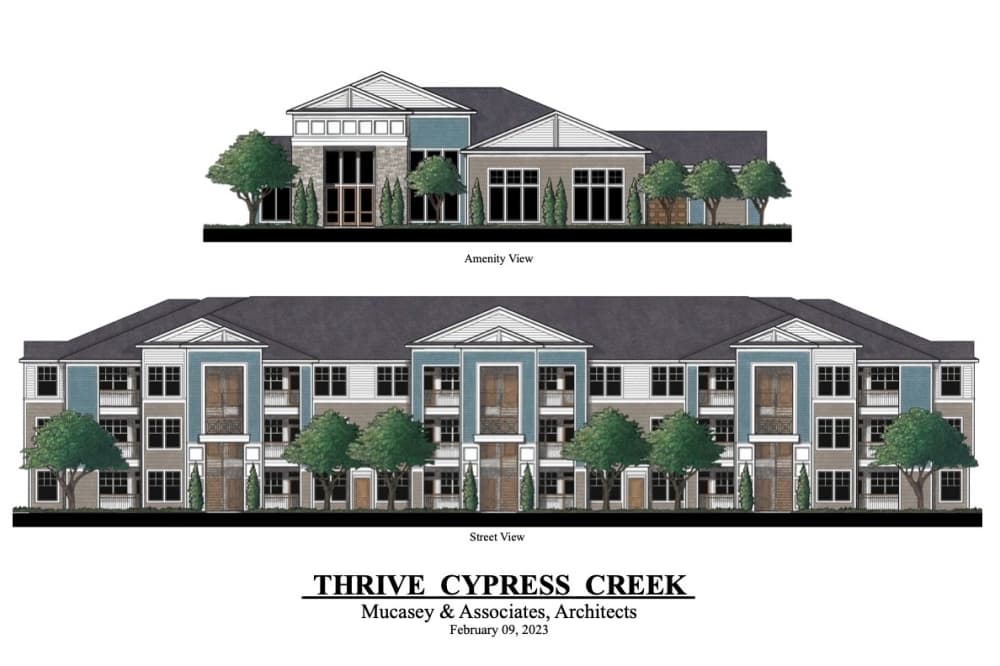 The photo shows a rendering of the Lively at Cypress Creek apartments. 