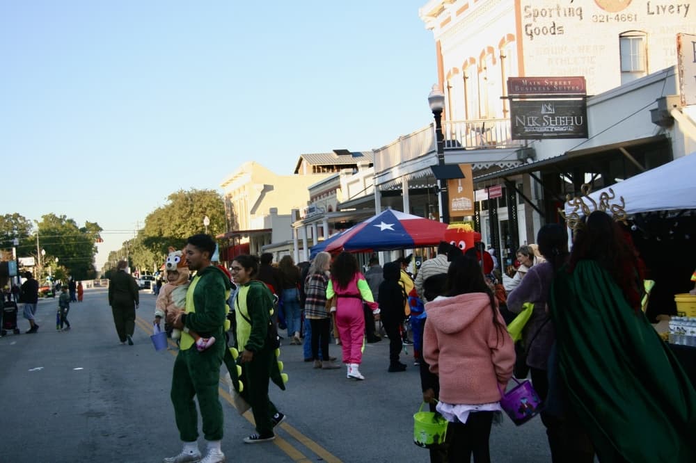 People walk downtown wearing costumes.