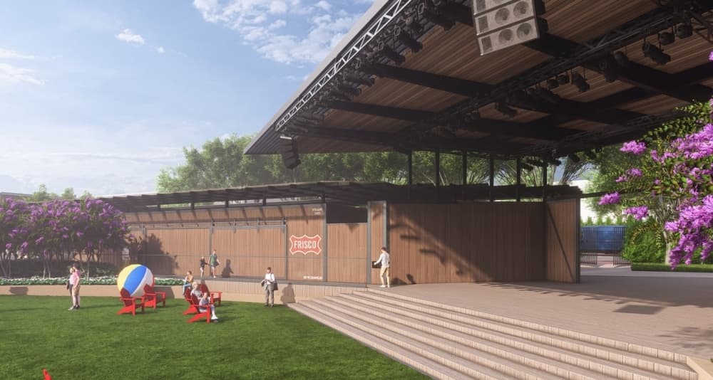 A rendering showing a small group of people hanging out on a stage and the green lawn in front of it