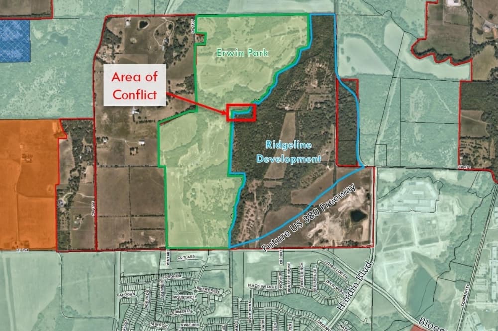 Aerial view of the park with the area of conflict noted