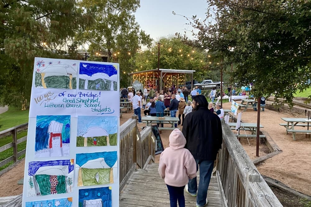 Children's art featuring the downtown bridge.