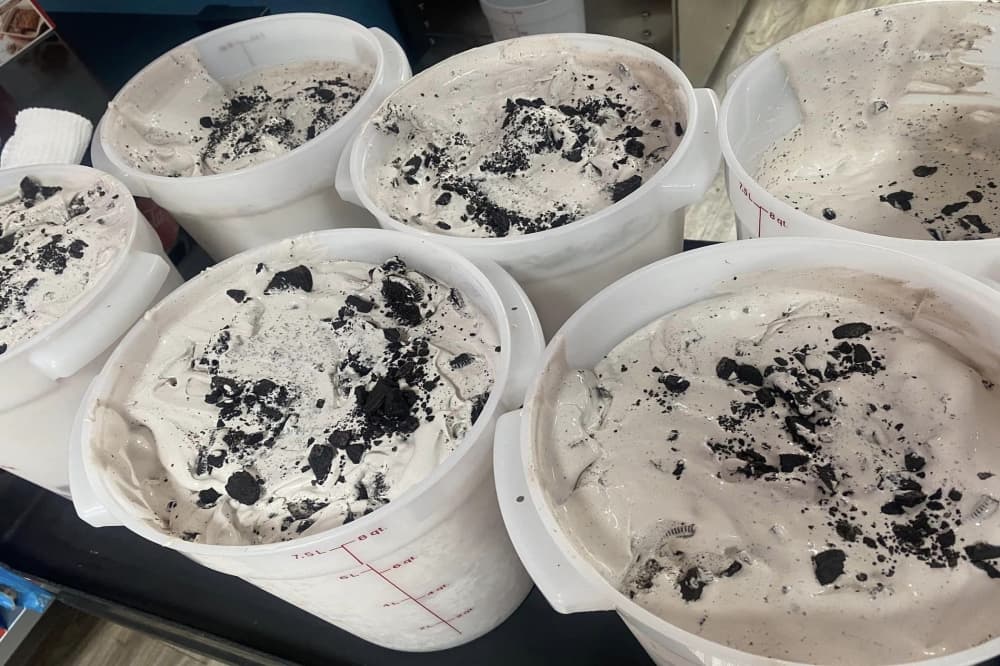 cookies and cream ice cream in 8-quart containers