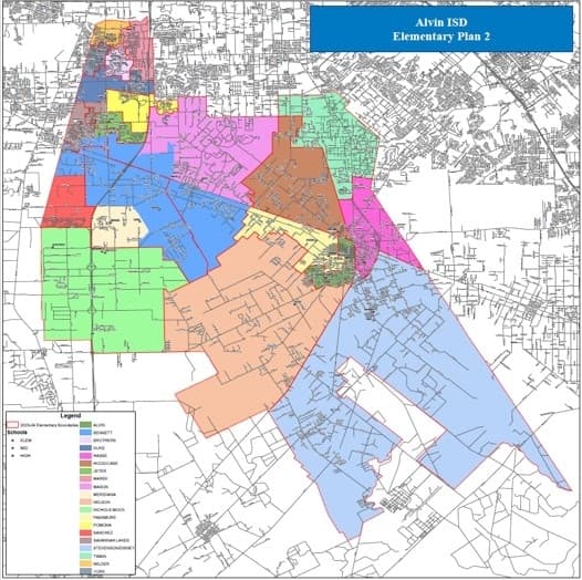 A map of the new elementary school boundaries being proposed for Alvin ISD. (Courtesy Alvin ISD)