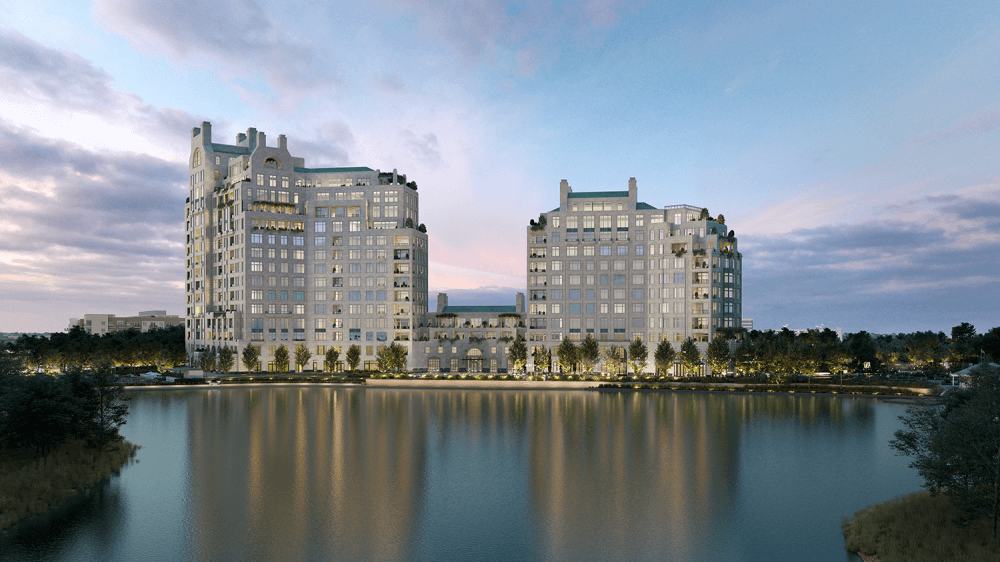 Rendering of 15-story residences on a lake.