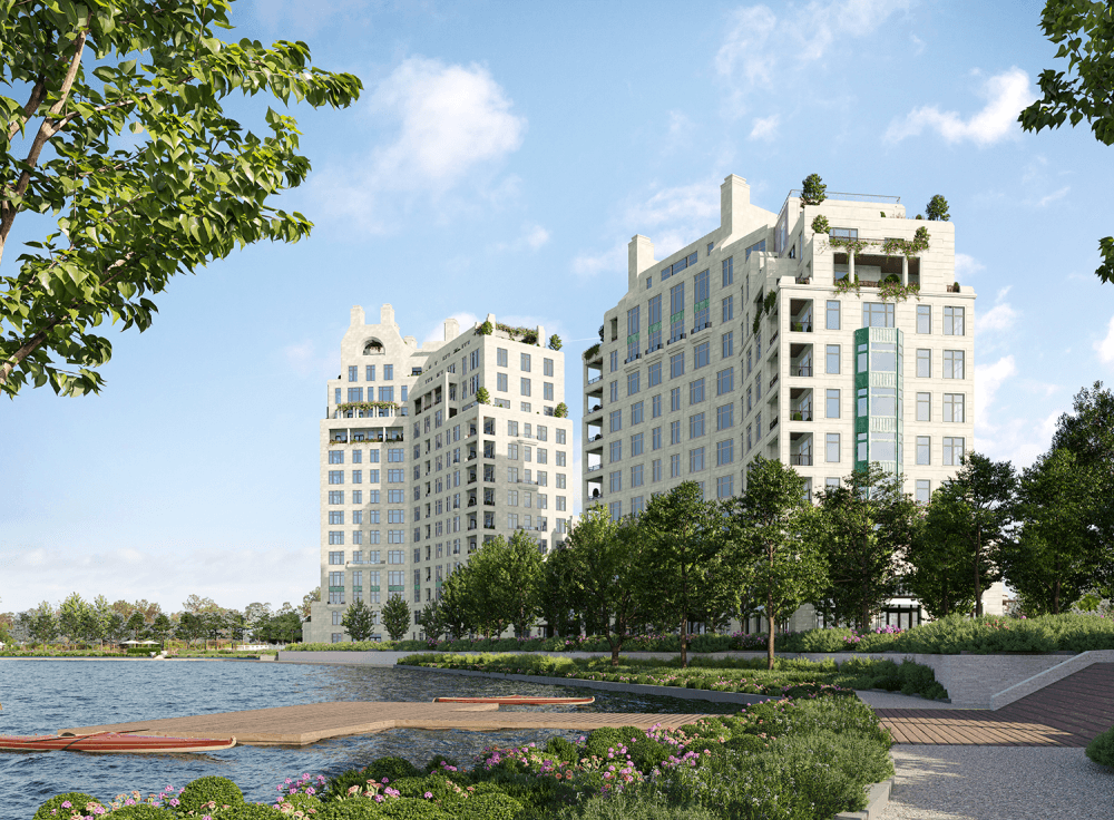 Rendering of 15-story residences on a lake.