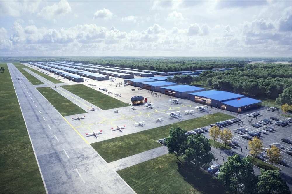 Rendering of the second phase of Chennault Airfield with the addition of new hangars.