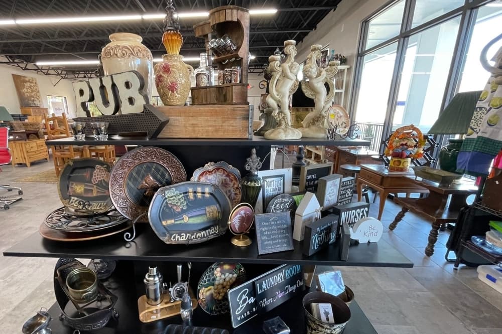 Home decor accessories on a display shelf