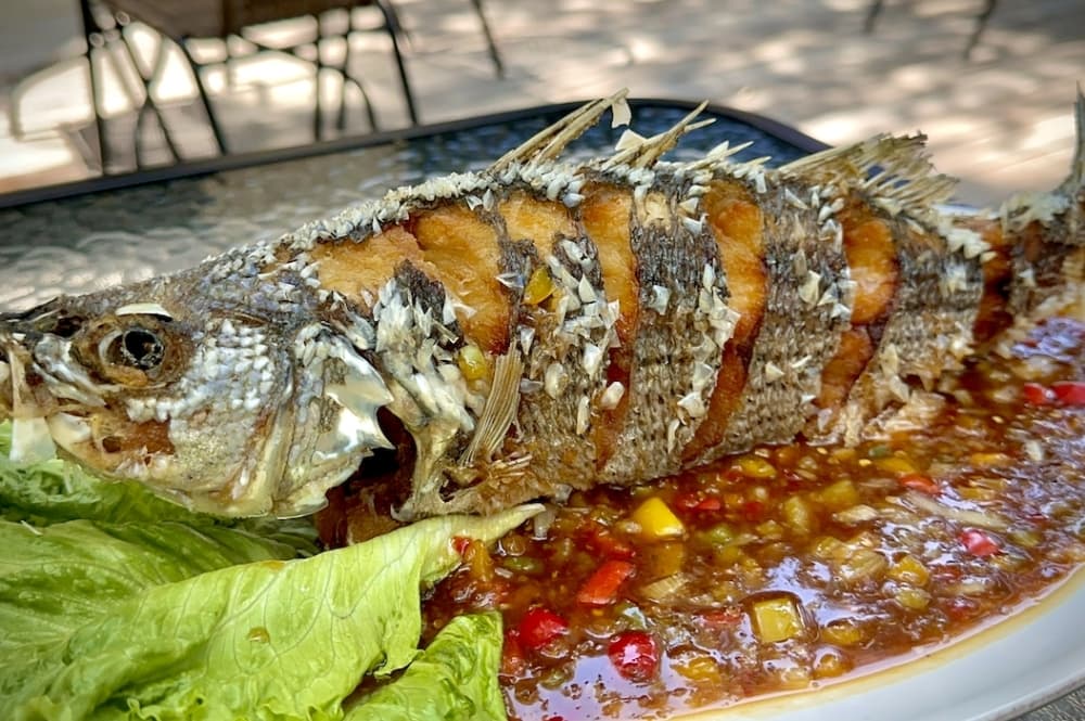 A whole fish sits on a plate with a soup underneath.