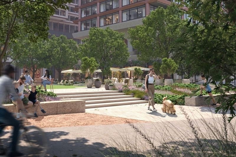 Park rendering with people walking by on Katy Trail in Dallas.