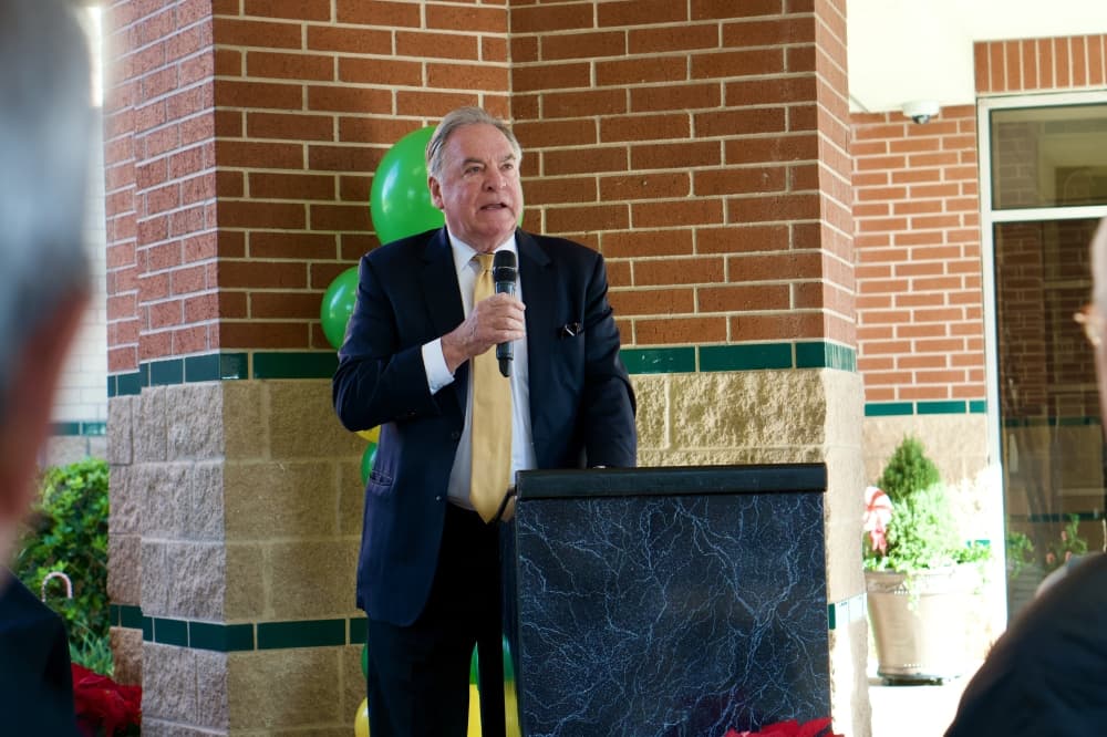 Bruce Tough, son of Coulson Tough, gave a speech at the unveiling of his late father's statue at Coulson Tough Elementary School.