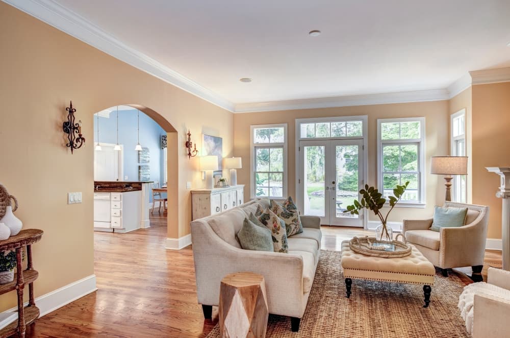 Beautiful living room in spacious home with classy decor.