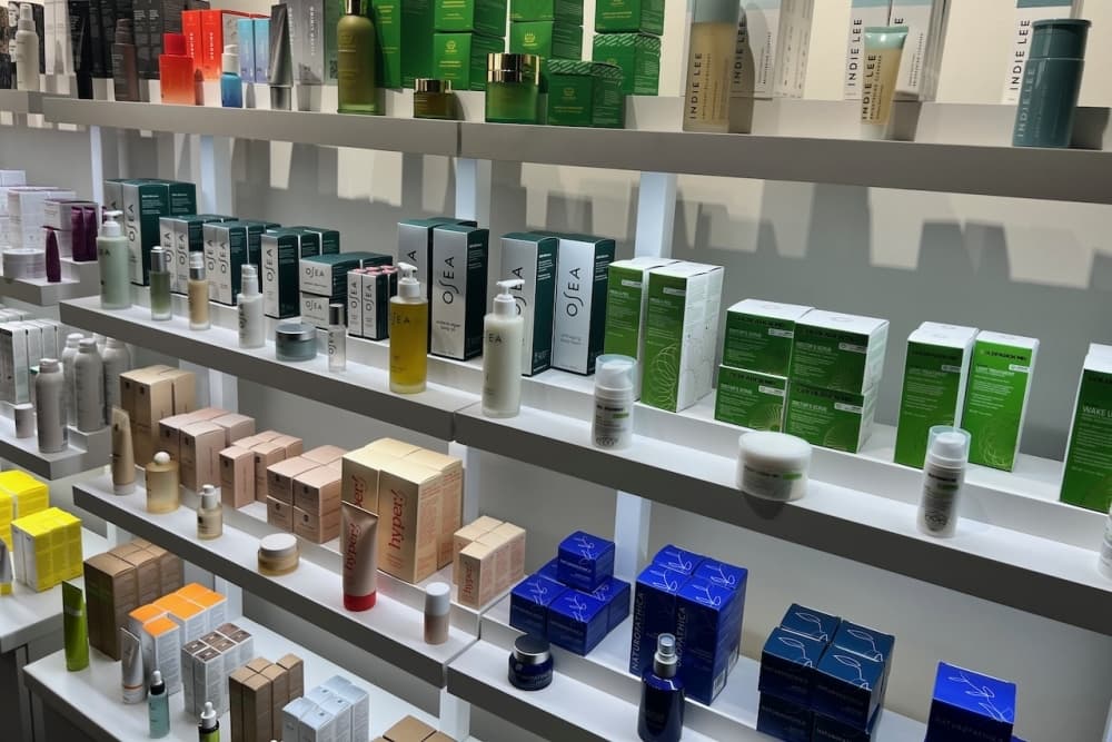  Clean skincare products on display.