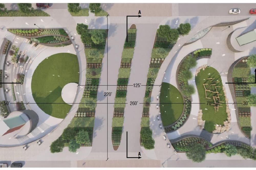 Aerial view of the Lower 5 Plaza