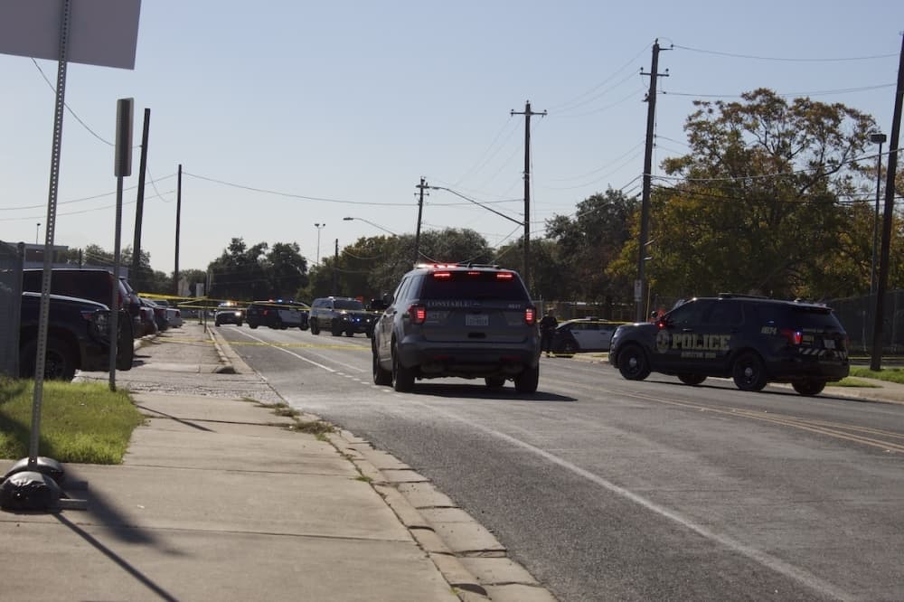 Police taped off a scene at Northeast Early College High School on Dec. 5 as students were evacuated. (Elle Bent/Community Impact)