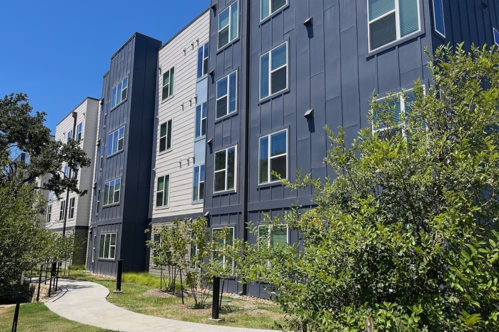 blue and grey apartment buildings