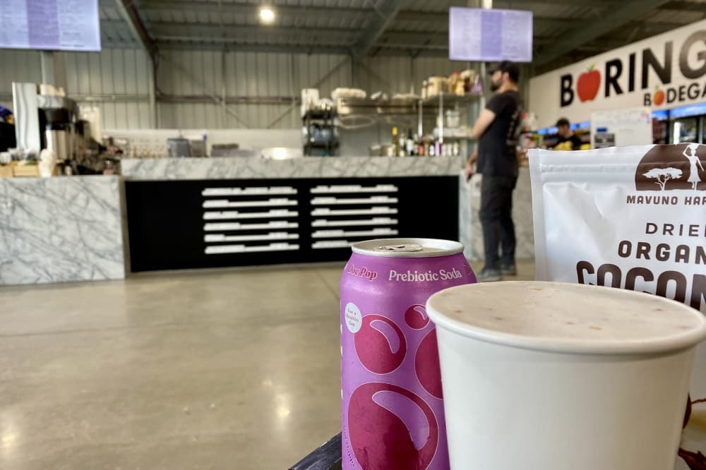 A counter and snacks at Boring Bodega.