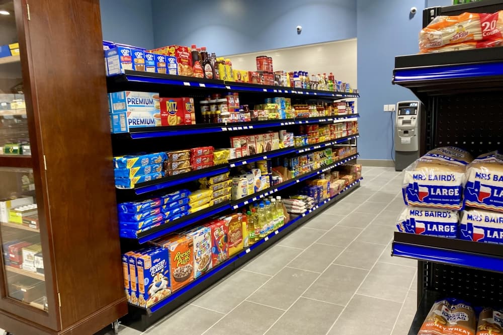Snack and groceries at gas station store.