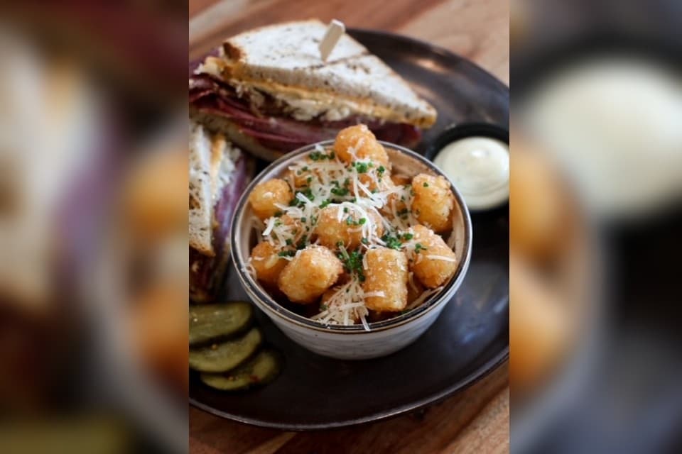 Tater tots and sandwich