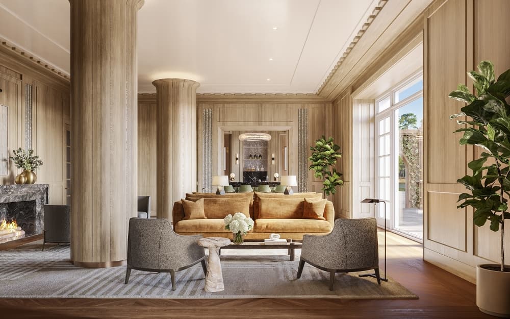 The interior of a residential building lobby