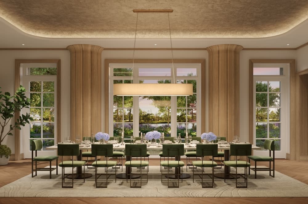 A table with many seats around it in a residential building