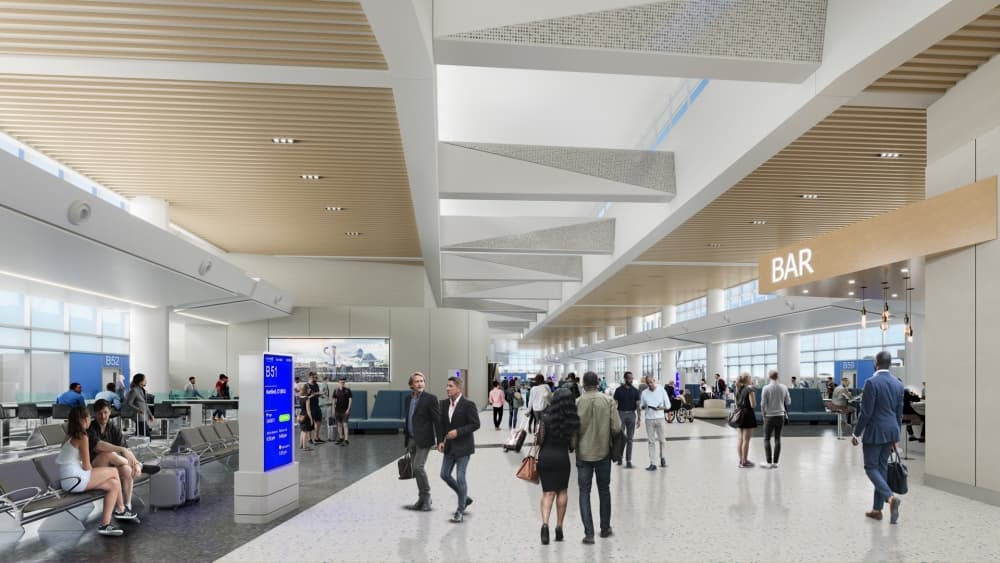 Originally built in 1969, George Bush Intercontinental Airport’s Terminal B is undergoing renovations that aim to update and upgrade outdated infrastructure, customer amenities and baggage systems. (Rendering courtesy United Airlines)