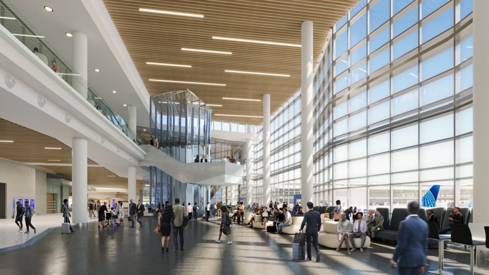 Originally built in 1969, George Bush Intercontinental Airport’s Terminal B is undergoing renovations that aim to update and upgrade outdated infrastructure, customer amenities and baggage systems. (Rendering courtesy United Airlines)