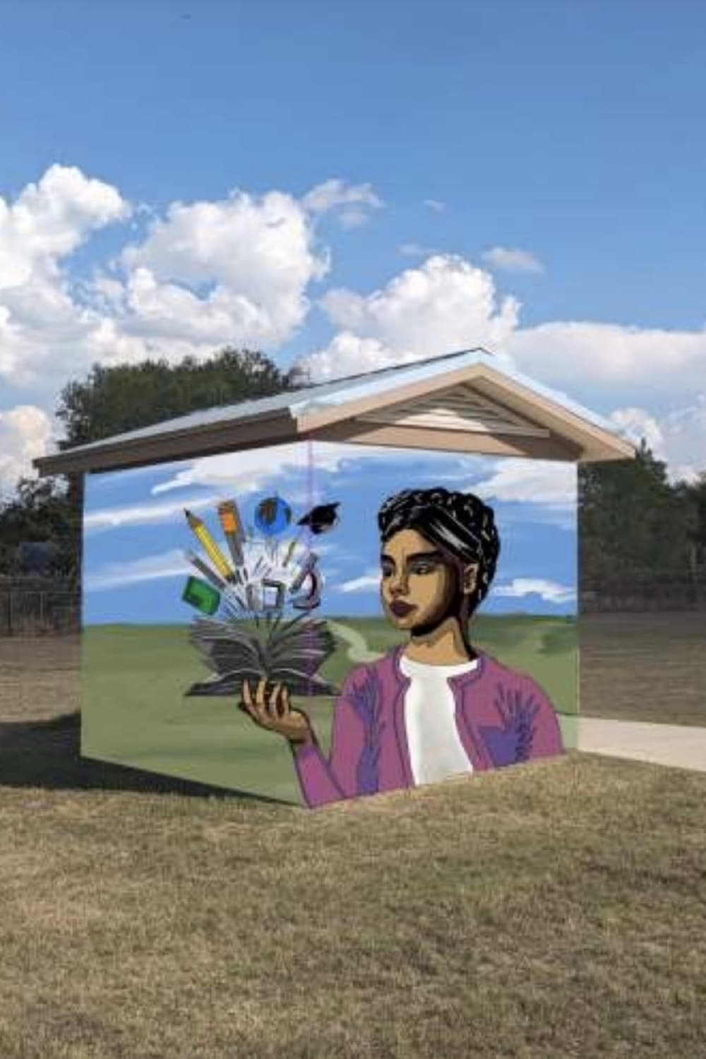 A depiction of a mural on a park building.
