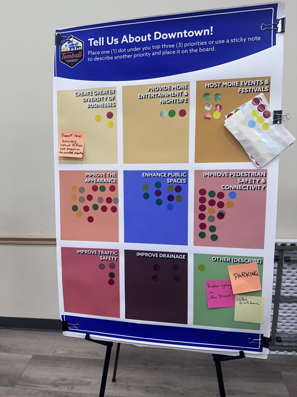 A poster asking for feedback on downtown Tomball is marked with dot stickers and Post-It notes