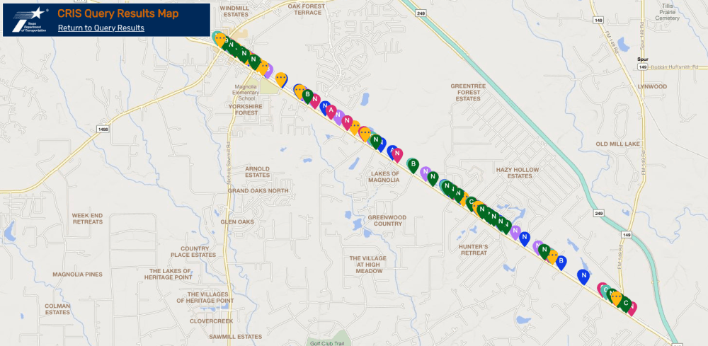 Map of 250 crashes along FM 1774 in Magnolia