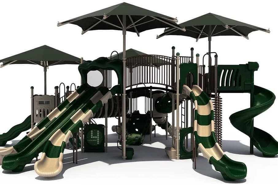 The image shows a rendering of the Forest Oaks Park playground.