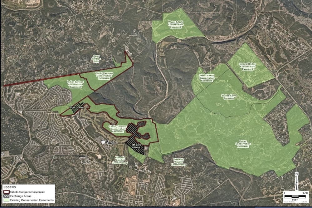 A map shows conservation easements east of the Cibolo Canyons neighborhood just north of San Antonio city limits. The line-shaded areas represent two tracts of land, one of which Cibolo Canyons developer Starwood Land hopes to build new homes on and the other the company wants to add to expand adjacent habitat for golden-cheeked warbler habitat. (Courtesy Paper-Dawson Engineers)