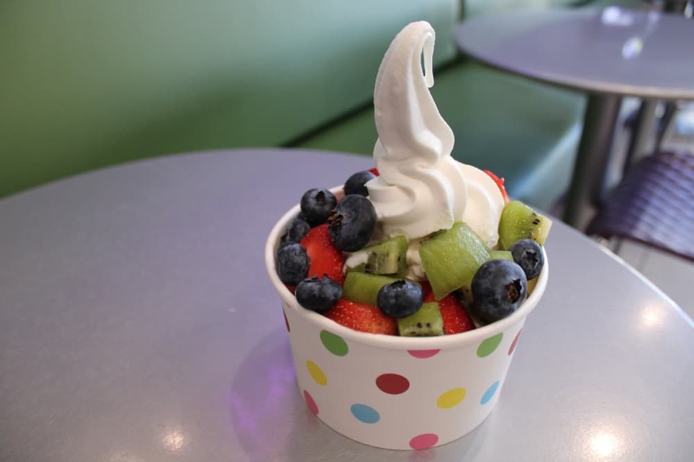 White Chocolate Mousse with fruit from Purple Kiwi. 